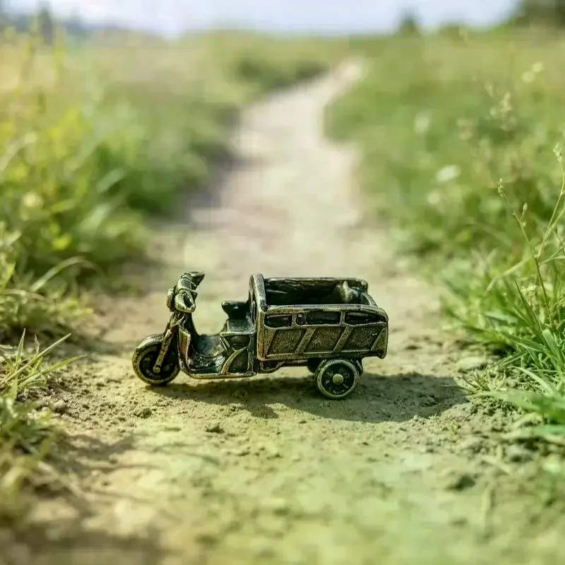 Vintage Metal Three Wheeled Motorcycle Figurine Antique Finish: Detailed Craft Home Decor Garden Collection