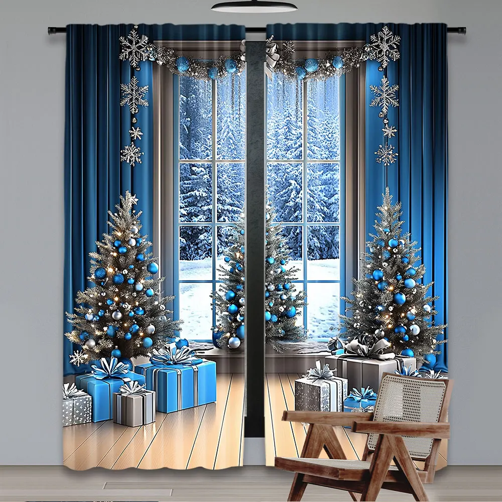 2Pcs Christmas Curtain For Winter Snow Scene Blue Xmas Family Holiday Suitable For Living Room Bedroom And Many Other Occasions