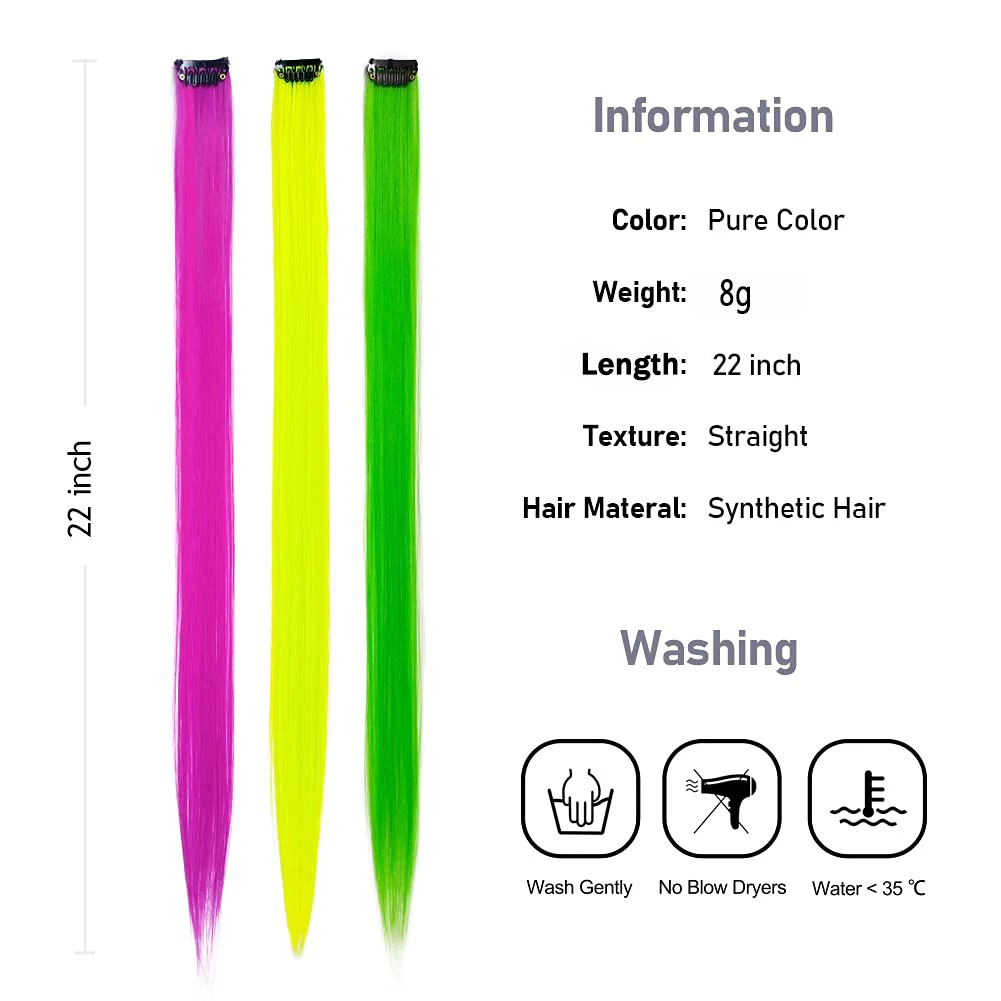 Clip in Hair Extensions 6pcs/pack Colored Party Highlights 22 Inches Multi-colors Straight Hair Synthetic Hairpieces Purple Pink