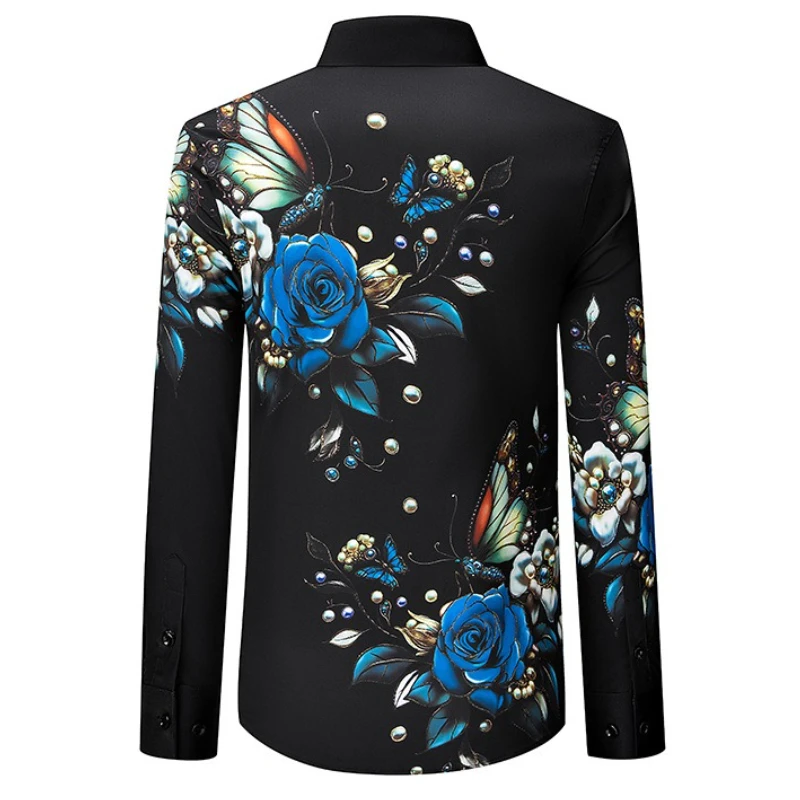 Heavy Industry Rhinestone 3D Printed Men's Shirt Autumn Luxury Long Sleeved Casual Business Shirts Social Banquet Party Tops