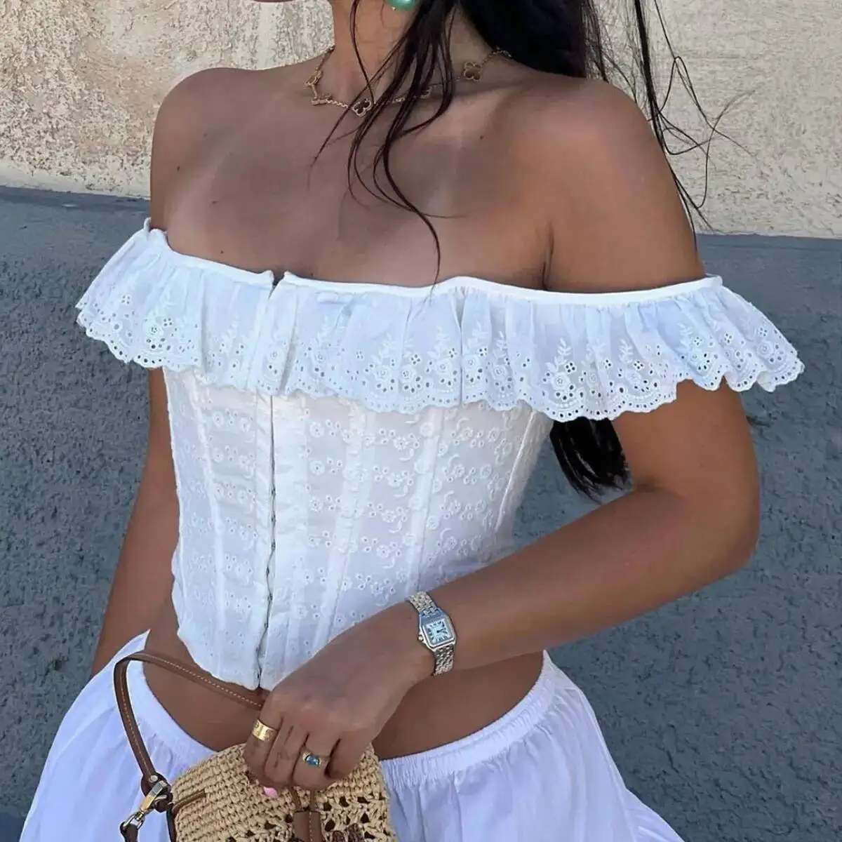 

Women Blouse Sexy Sleeveless Top Off The Shoulder Halter French Ruffled Trim, Button - Down Waist Cinching Slim Fit Vest
