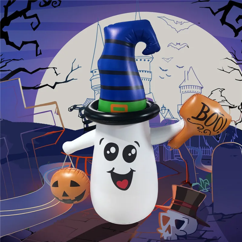 Halloween Inflatables Ghost Outdoor Decorations Blow Up Yard Cute Wizard Ghost with Pumpkin with Built-in LEDs for Garden Lawn