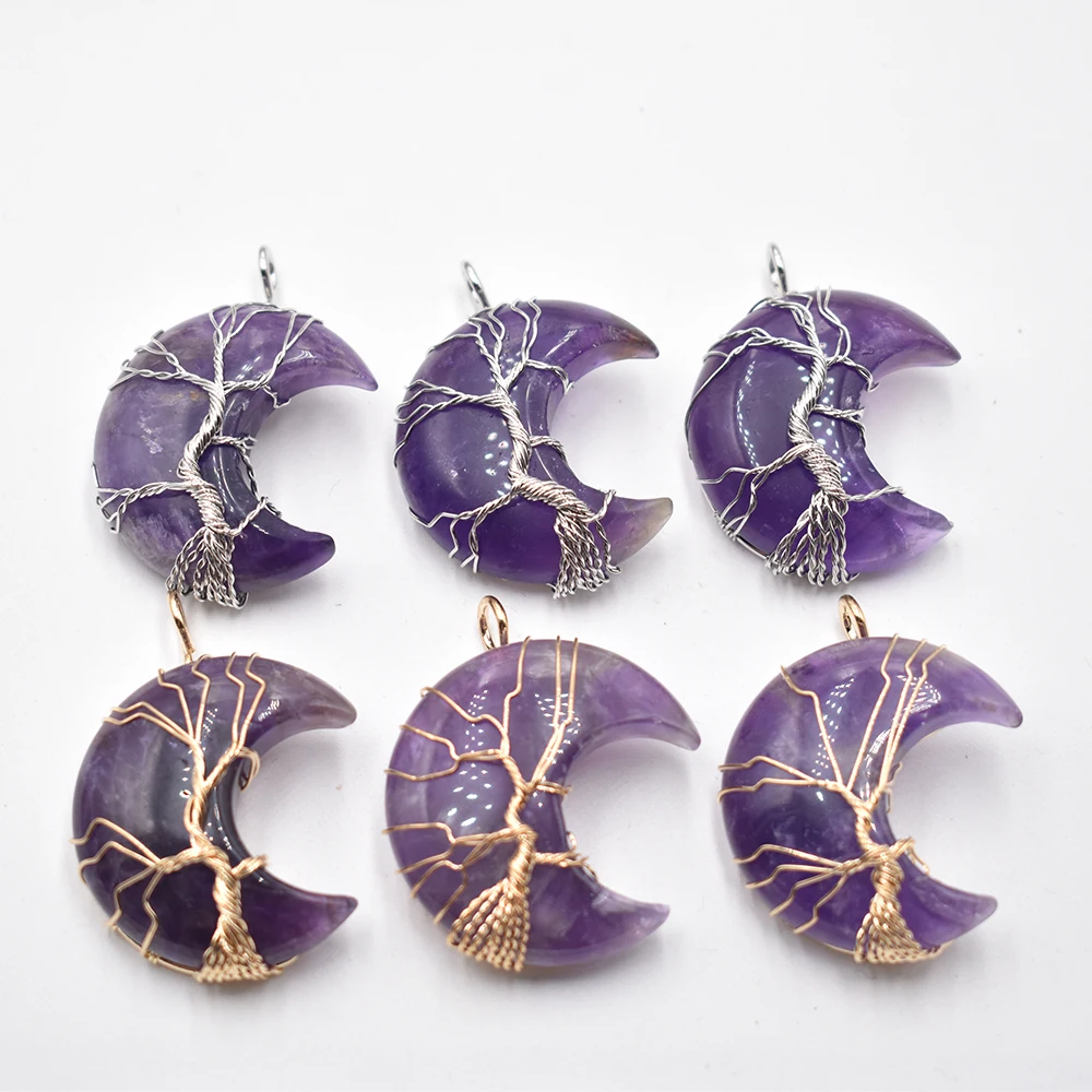 

Natural stone amethysts Pendant Tree Of Life Moon Shape Reiki Polished Mineral Jewelry Healing Stone For Men Women Jewelry 6pcs