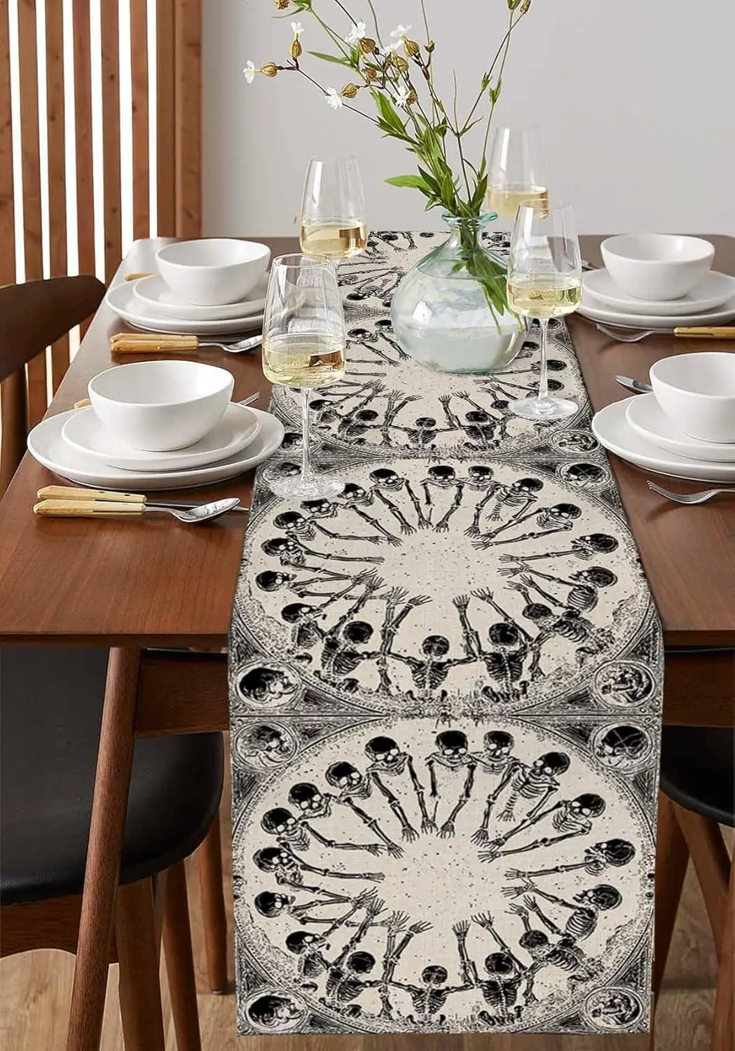 Halloween Illustration Skull Beige Linen Table Runner Home Decor Vintage Halloween Theme Table Runner Kitchen Dining Table Decor