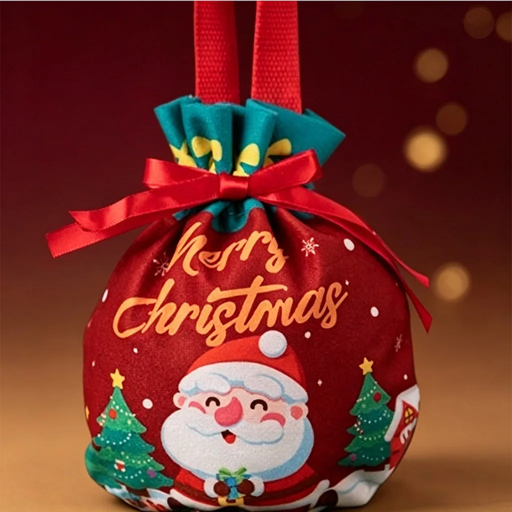 Christmas Fabric Drawstring Gift Bag Portable Handheld Holiday Present Pouch for Apple Candy New Year Party Favors