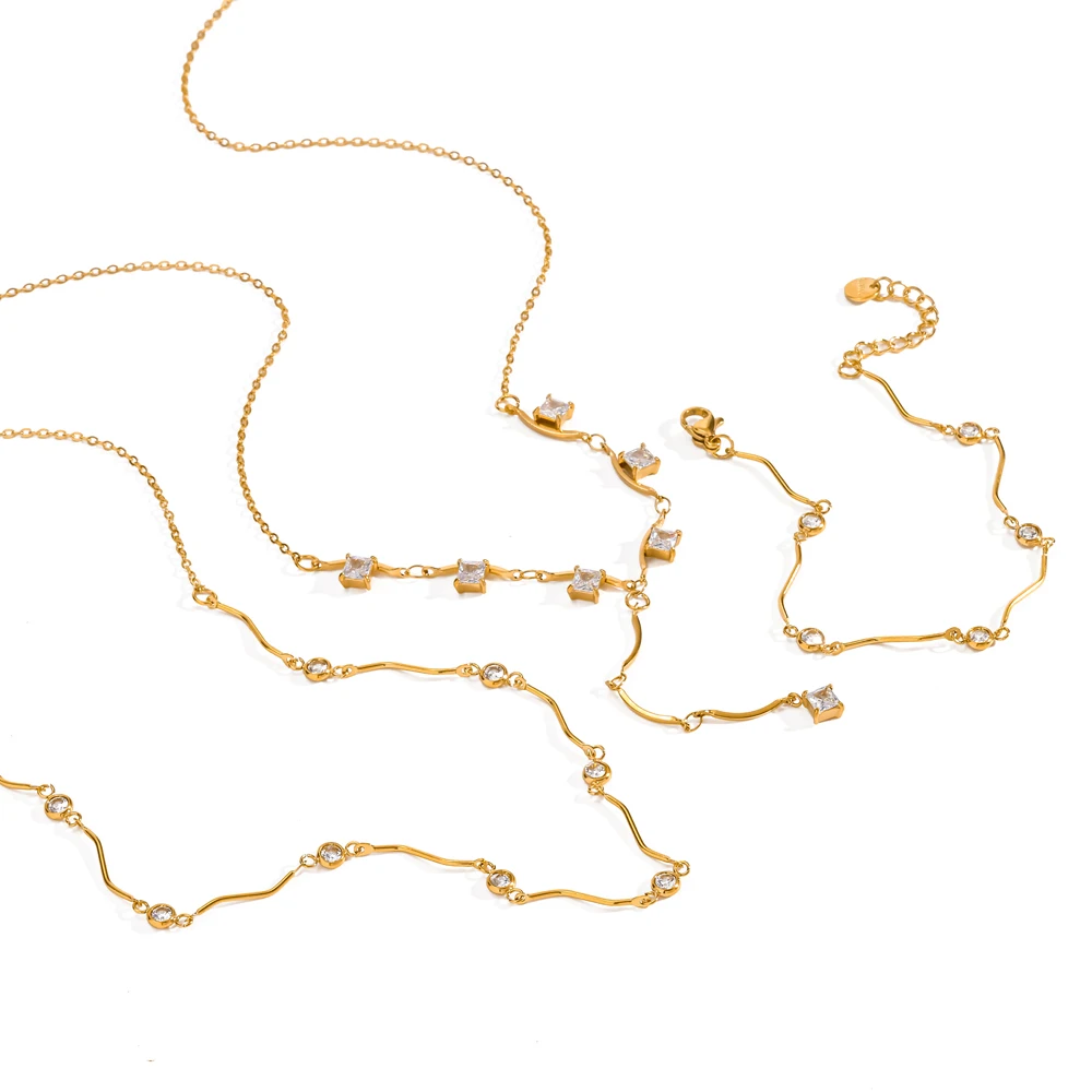 Minimalistische 18K vergoldete Edelstahl-Wellenkette mit Zirkon-Anhänger, wasserdicht, Partyschmuck, Geschenke für Frauen – Detail 4