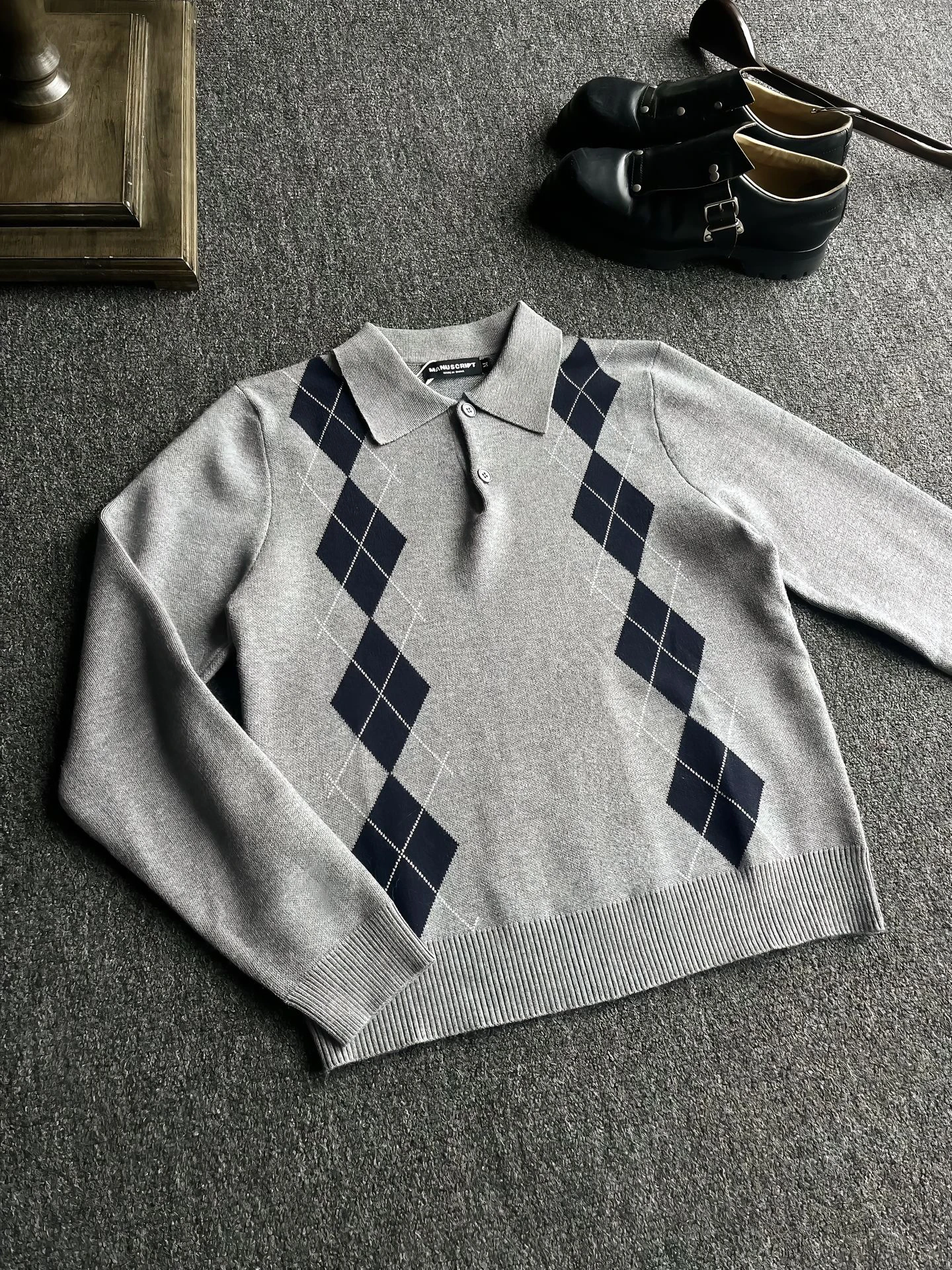 

Retro American Knitted Sweater Men's Casual Collar Long Sve Leisure Top Diamond Pattern Soft Fabric Autumn High End F...