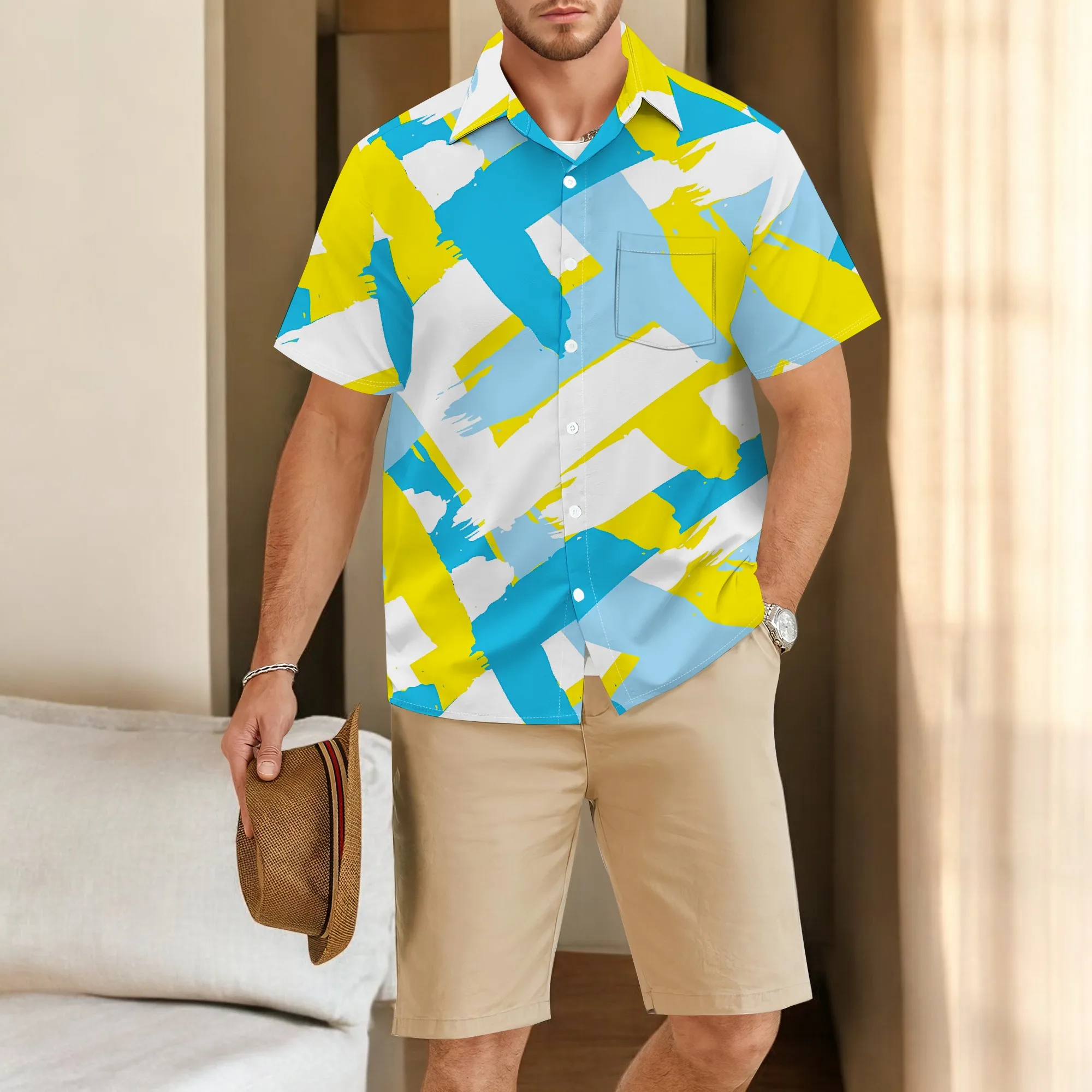 YEAE Yellow Blue Brushstroke Geometric Print Shirt for Men Summer Casual Short Sleeve Top