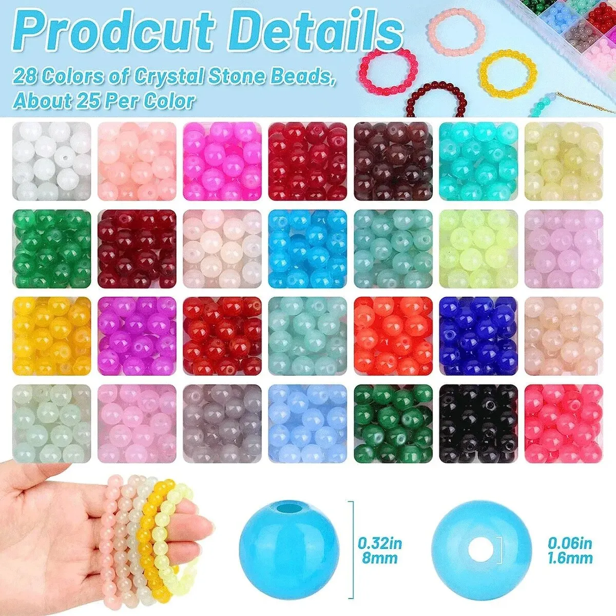 700pcs 8mm Vibrant Glass Crystal Beads 28 Colors DIY Jewelry Making Kit for Bracelets Necklaces Earrings Craft Supplies