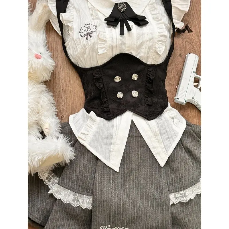 Gothic Y2k Vintage Jk Uniform 2 Piece Sets Women Preppy Style Bow Shirt Cake Mini Skirt Suit Female Korean Elegant Skirts Outfit