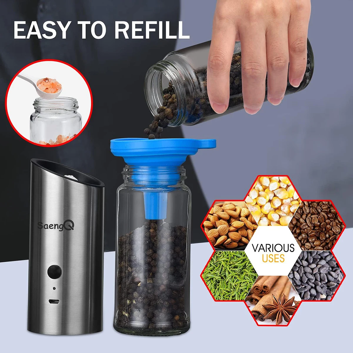 Gravity Electric Salt and Pepper Mill,USB Rechargeable Kitchen Electric Pepper Mill with Adjustable Grinder and LED Light,High G