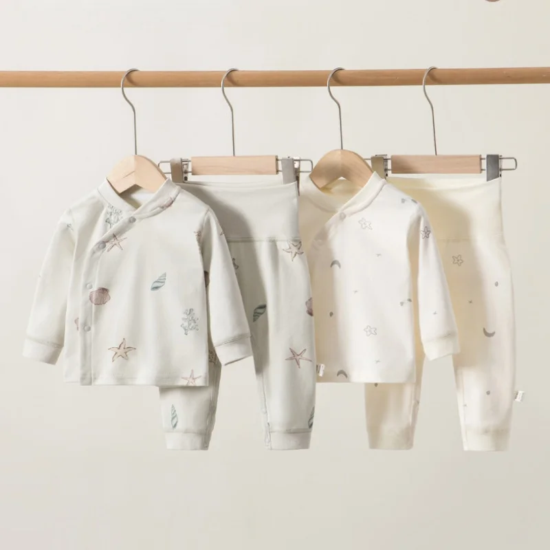 2026 Baby 2pcs High-Waist Pajamas Sets Spring 0-3Y Toddler Girls Boys Diaper Change Cotton Full Print Newborn Sleepwear Clothing