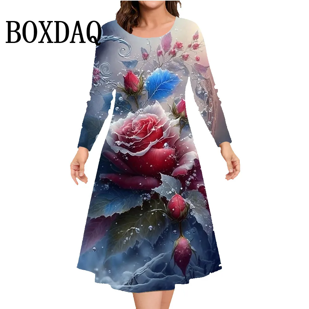 2024 Winter New Printed Long Sleeve Dresses Autumn Round Neck Casual Flowers Loose A-Line Dress Odzież damska Plus Size 9XL