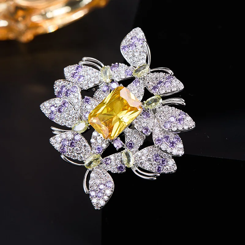 Light Luxury Heavy Industry Butterfly Flower Brooch Square Yellow Zirconium Purple Diamond Jewelry Coat Suit Temperament Pin