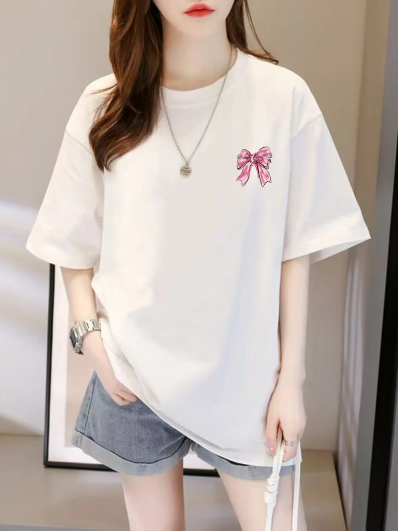 Chest Bow Pattern Printed T-shirt, Casual and Comfortable Versatile Top Suitable for All Seasons, Youthful Style