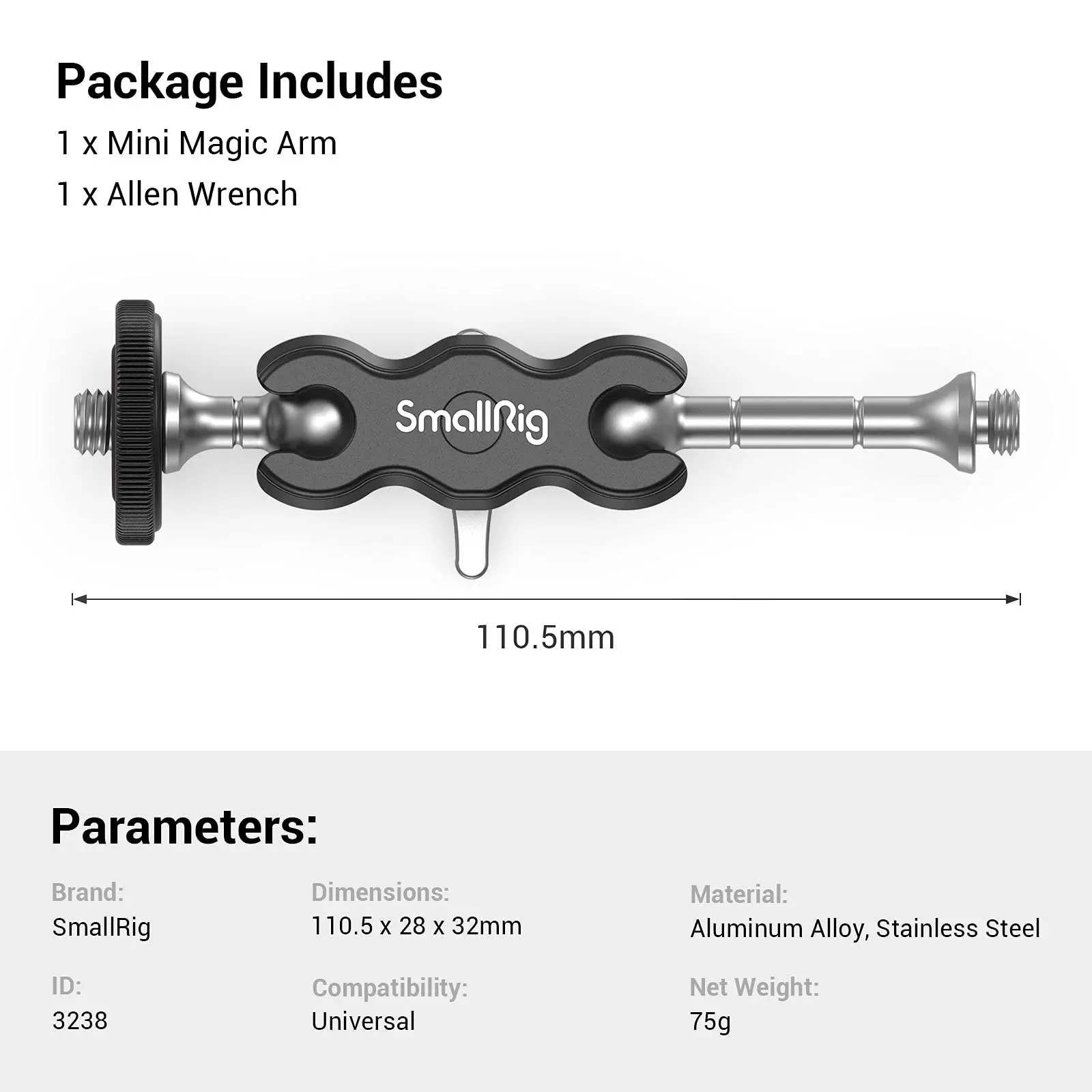 SmallRig Mini Magic Arm met dubbele universele balhoofd, verstelbare Magic Arm voor monitor, microfoon, LED-videolamp 3238B