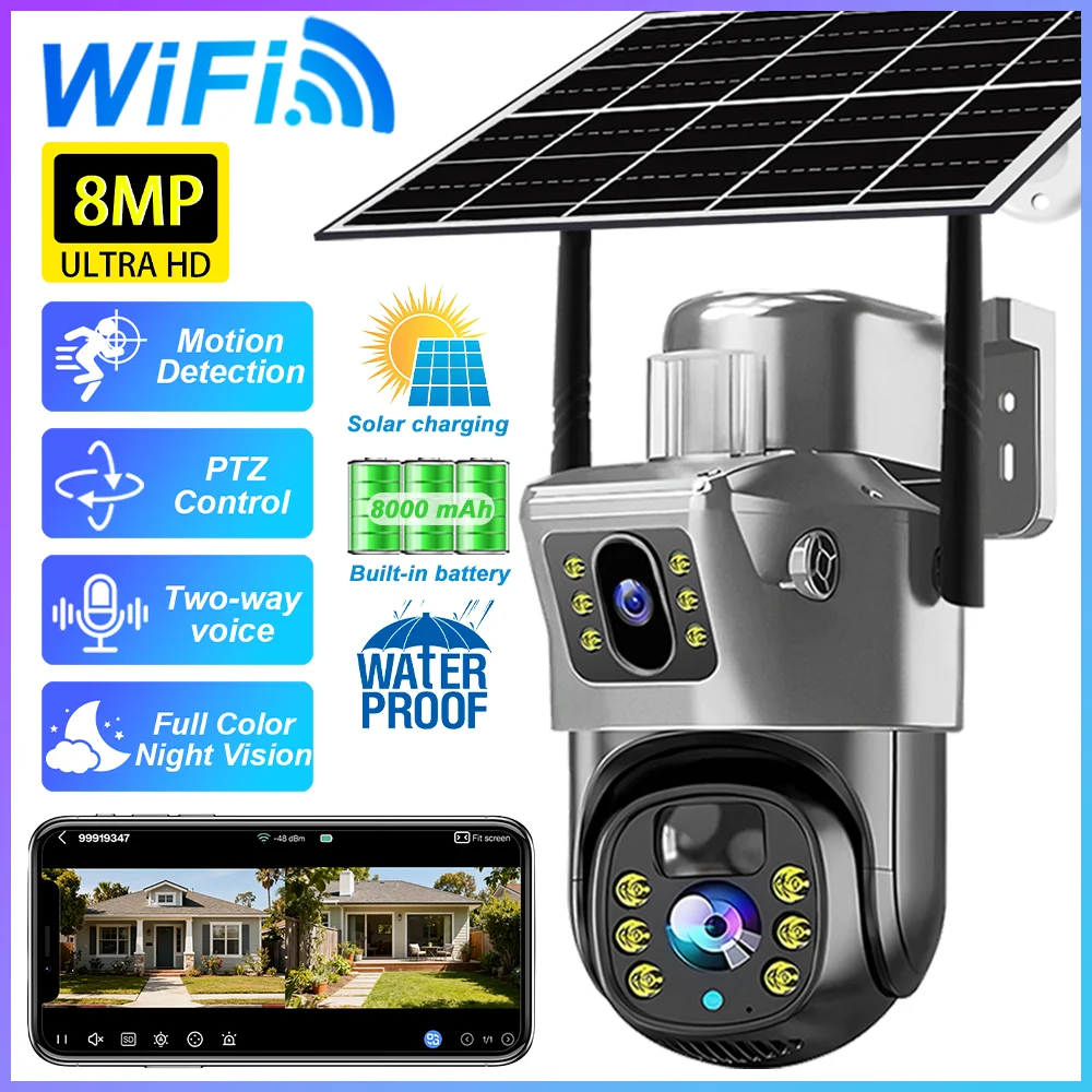 

8MP WiFi Solar Dual Lens Camera Outdoor Wireless CCTV Surveillance Camera With Solar Panel PTZ IP Cam Security Protection V380