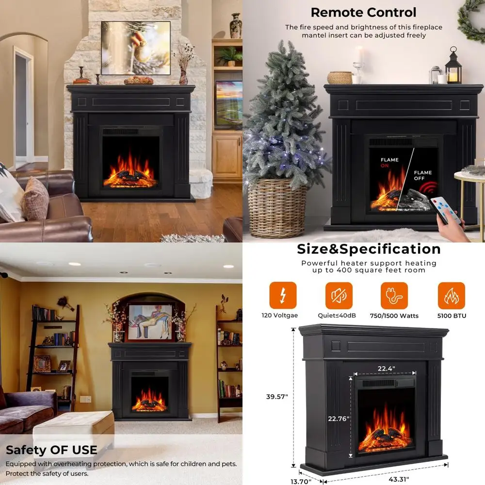 

Отдельностоящий электрический камин с дистанционным управлением, регулируемое светодиодное пламя, 750 Вт/1500 Вт, черный