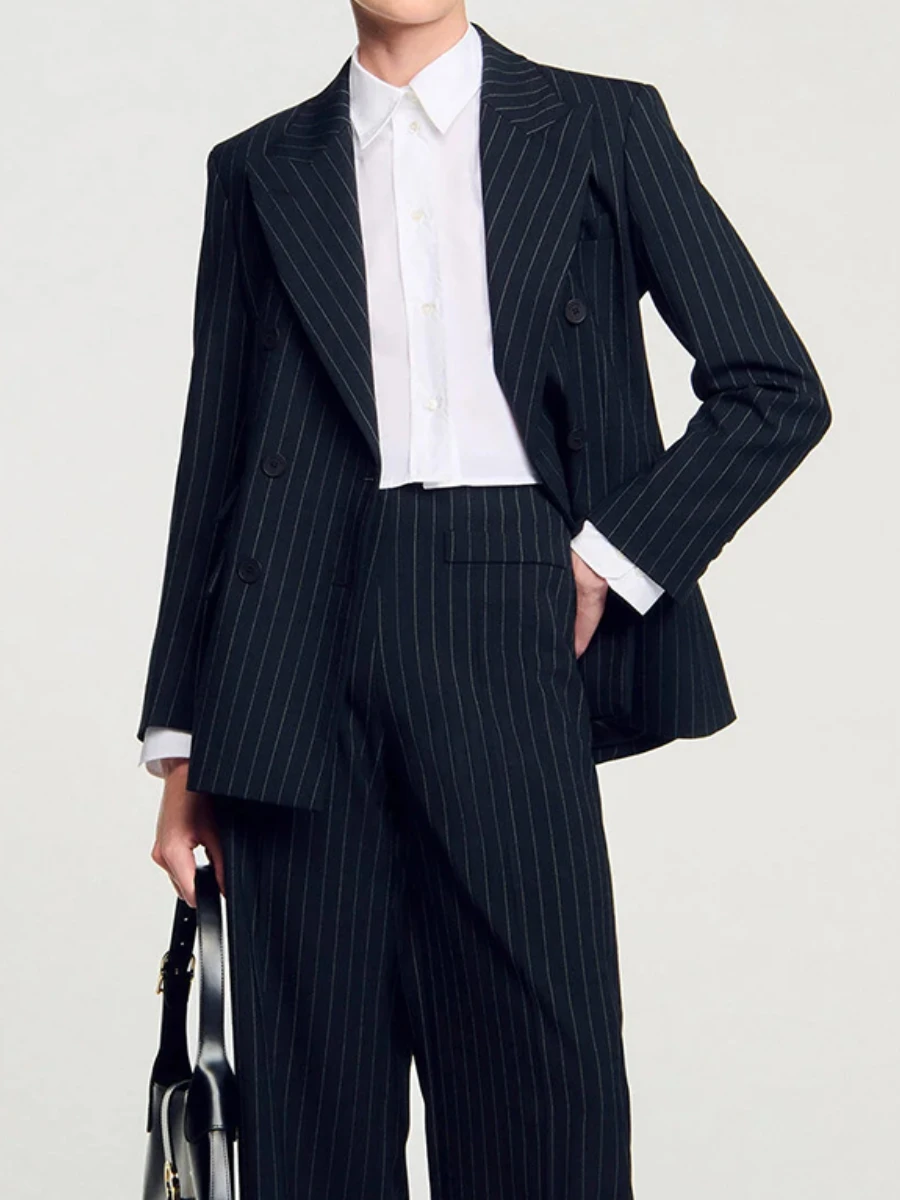 TWOTWINSTYLE Striped Spliced Double Breasted Fashion Blazers for Women Lapel Long Sleeves Patchwork Pockets Blazer Female New