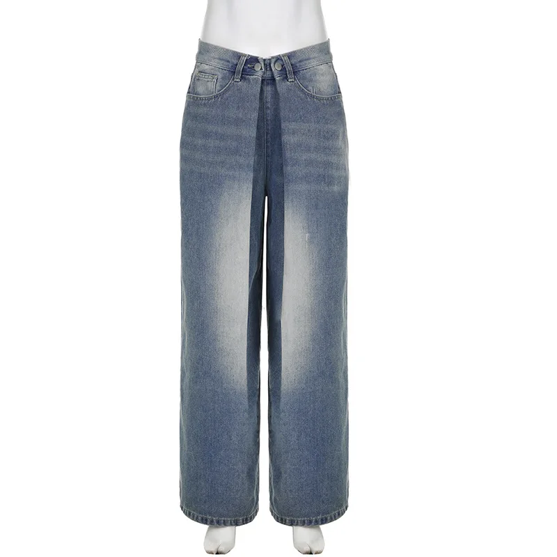 DEEPTOWN-pantalones vaqueros holgados de pierna ancha para mujer, ropa de calle Vintage, pantalones de mezclilla lavados de gran tamaño, básico,