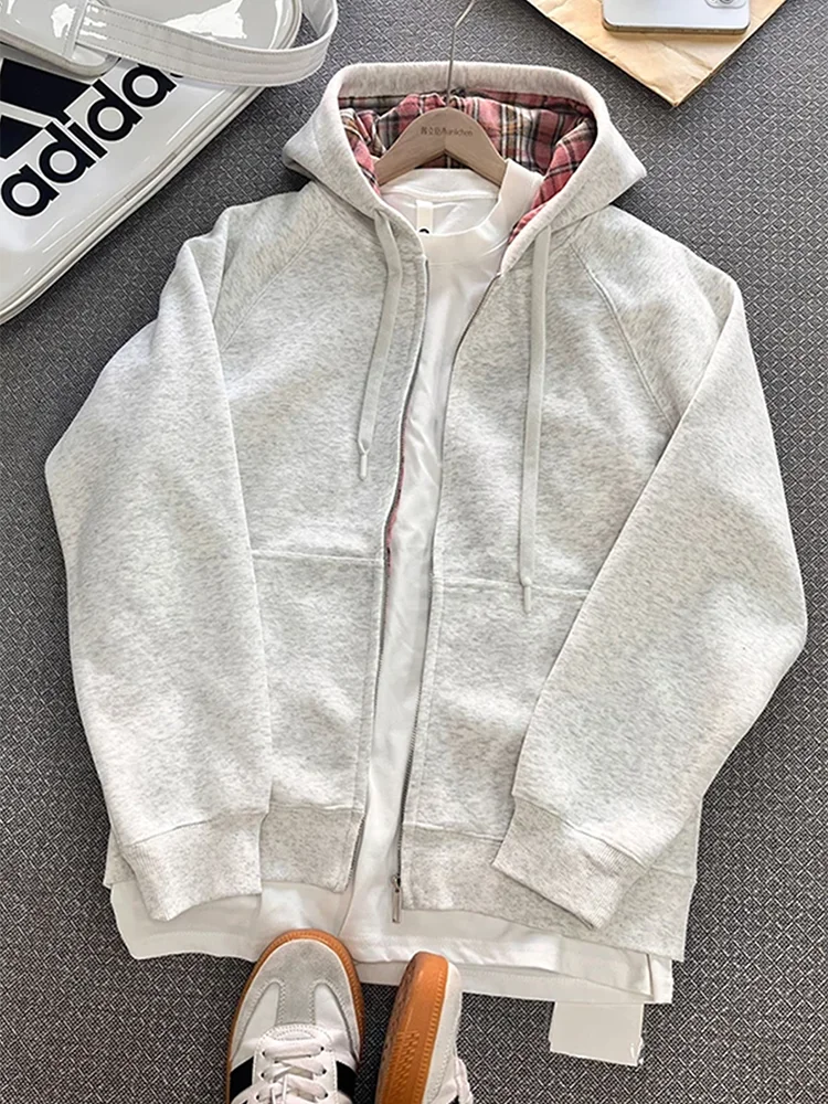 

Oversize Plaid Hooded Open Cardigan Sweatshirt Unisex Loose Lazy Style Autumn Heavyweight Couple's Cotton Polyester Blend