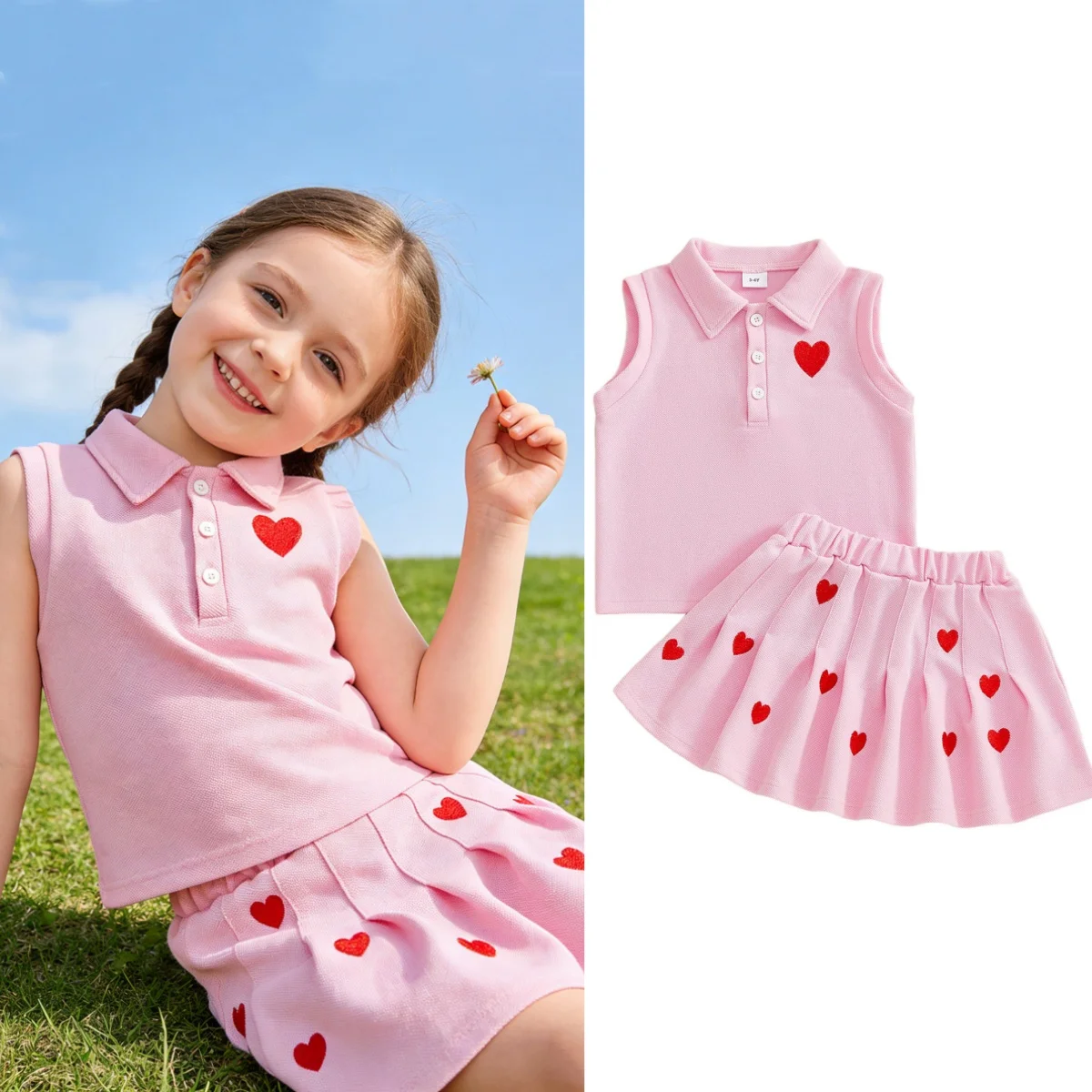 0-6Y Girls 2 Piece Valentine's Day Outfits Heart Embroidery Sleeveless Turn Down Collar Tops Elastic Waist Skirt Clothes Set