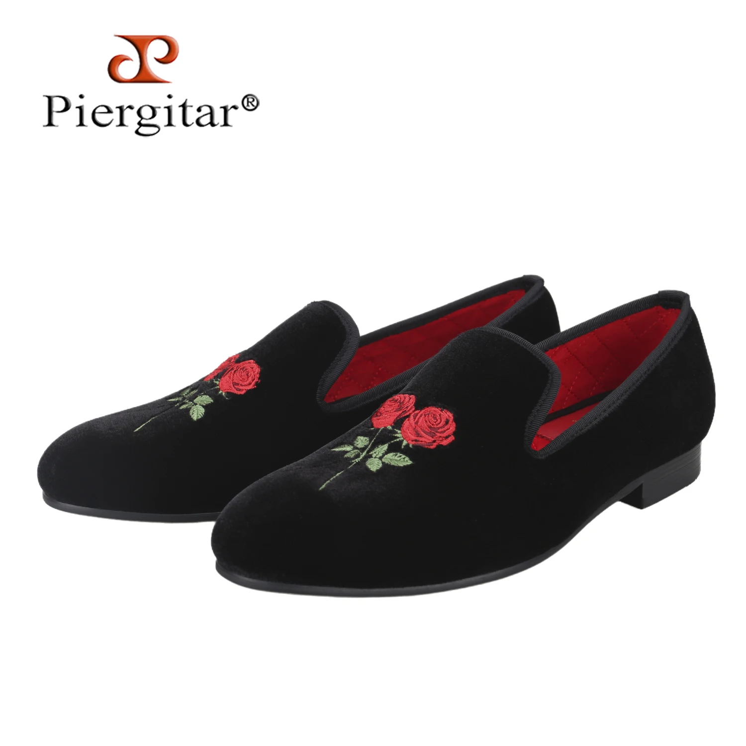 Piergitar British Style Black Velvet Of Custom Rose Embroidered Men's Shoes For Wedding And Party Wear Handmade Slip-On Loa fers