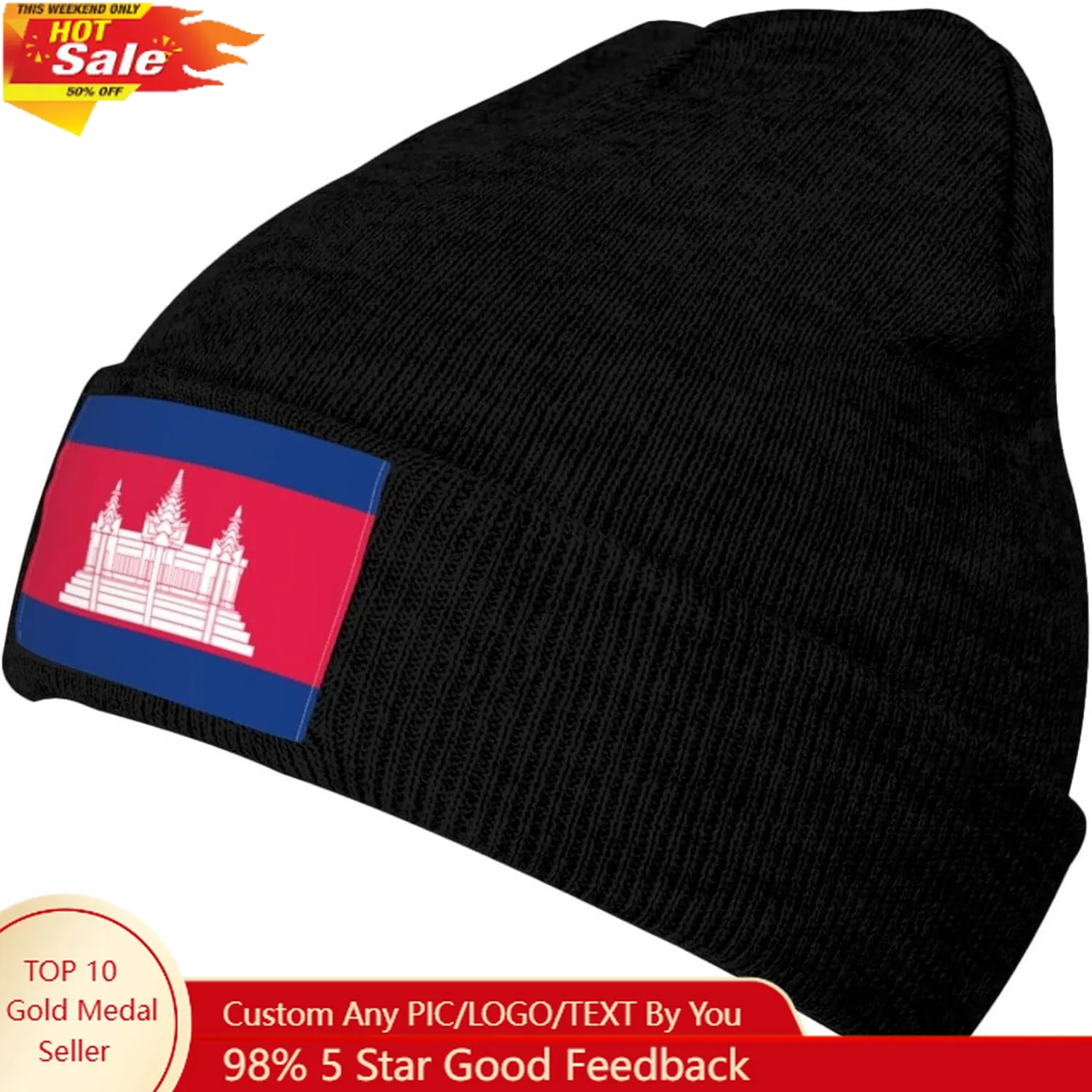 

Cambodian Flag Knit Beanie Winter Hats for Men and Women Knitted Cuffed Skull Cap Acrylic Daily Beanie Hat
