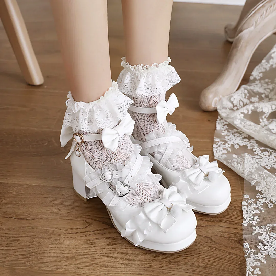 Zapatos de tacón alto con correa cruzada para mujer, zapatos de tacón Mary Jane para boda, fiesta de té, blanco, rosa, negro, volantes, lazo, sirvienta, princesa, Cosplay, Lolita