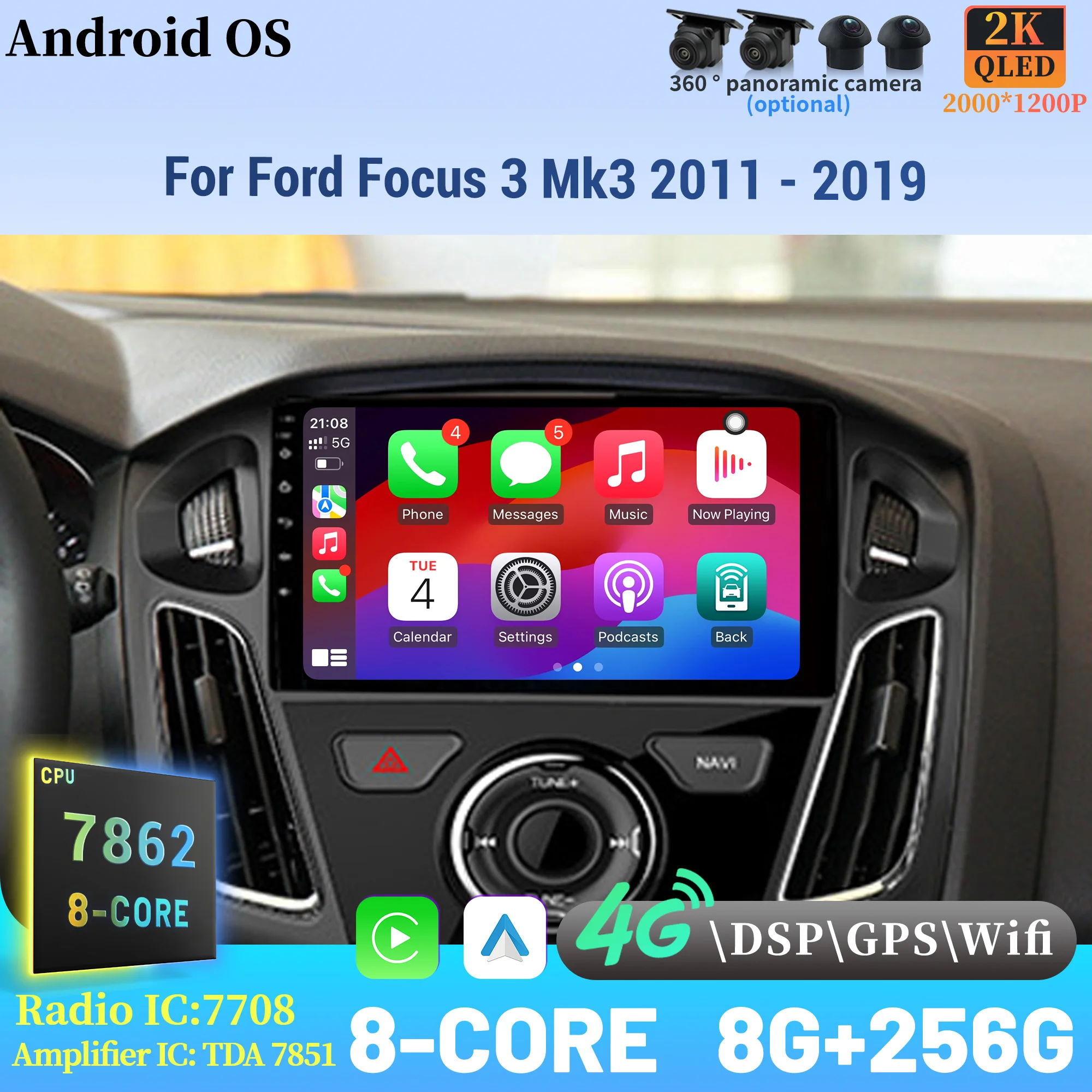 

For Ford Focus 3 Mk3 2011 - 2019 Wireless BT CarPlay Android 14 Radio Car Multimedia Player Touch 2K QLED Screen
