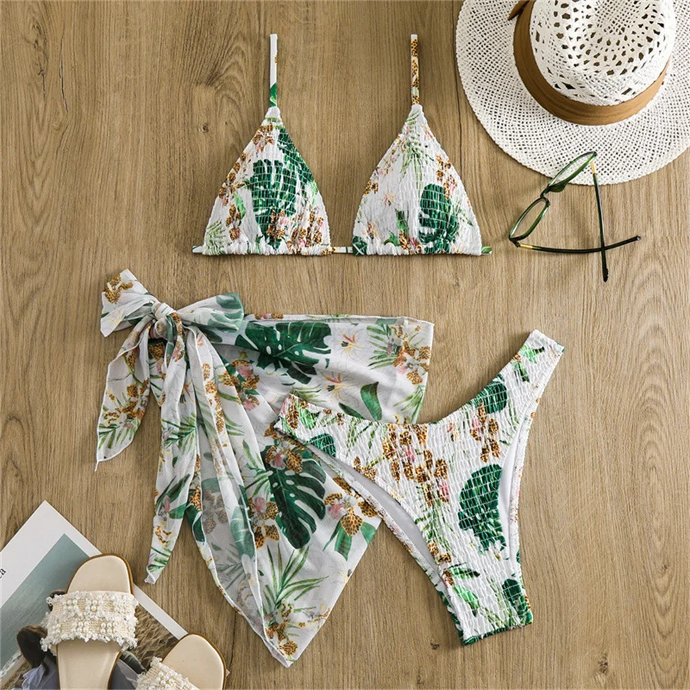 Vintage Print Bikini Micro Sling Swimsuit Cover-up Vacation Swimwears Women 3 Piece Brazilian Beach Outfits Bathing Suit Maillot