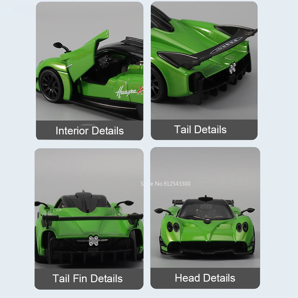 Scala 1:32 Huayra R GT3-RS Modello di auto sportiva Giocattolo Suono Luce Tirare indietro Porte aperte Modelli di auto da corsa Hobby Ornamenti Regali