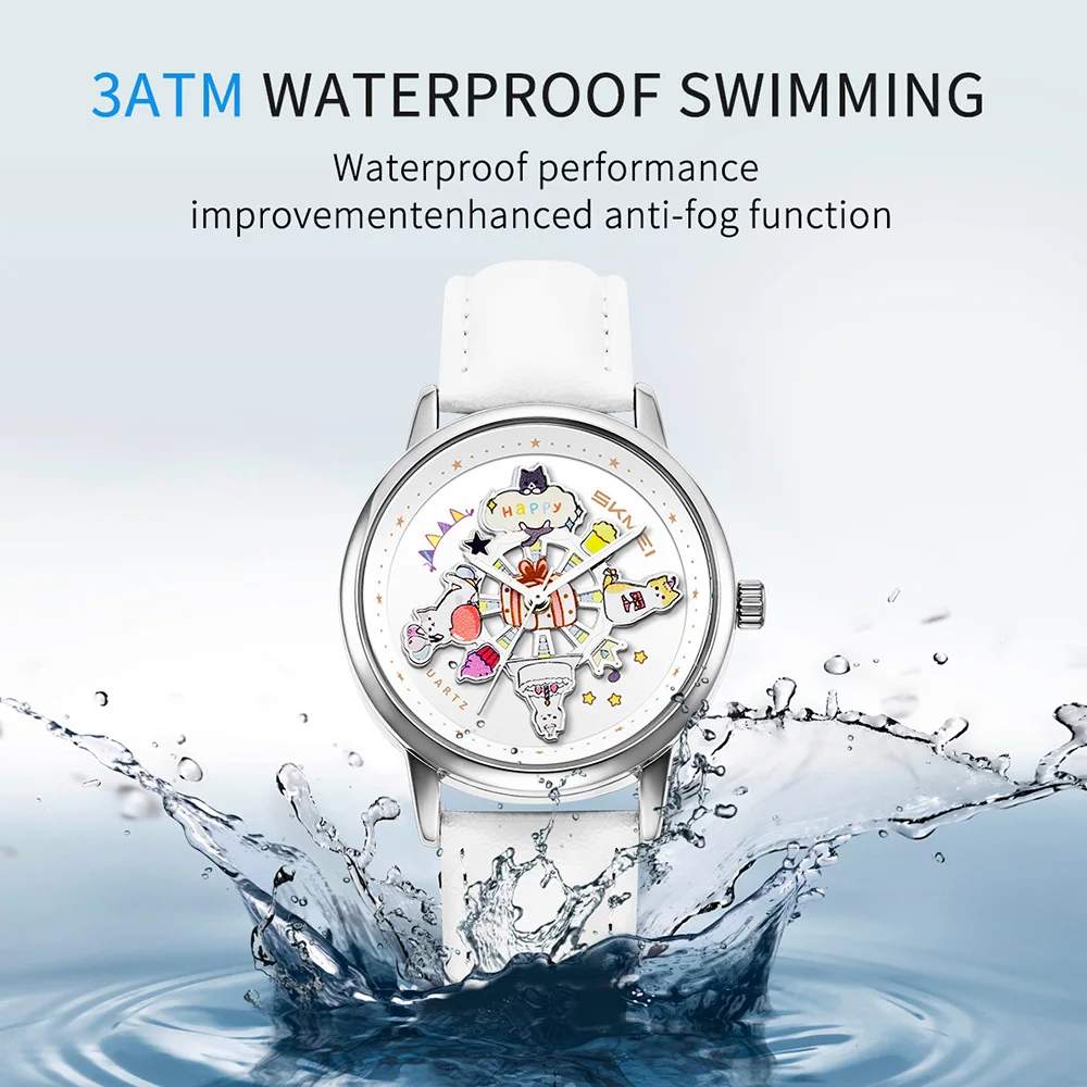 SKMEI Orologio da cartone animato alla moda Orologio da donna al quarzo con gatto carino Ruota il quadrante Studente Luminoso impermeabile per ragazze Studenti Regalo