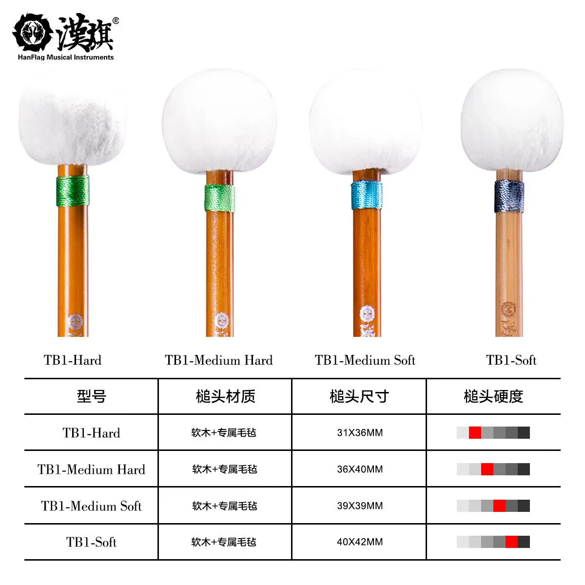 HanFlag TB1 Timpani Mallet Bamboo Handle Felt Head Cork Core, Percussion Mallets for Kettle Drum Orchestra, 4 Hardness Levels