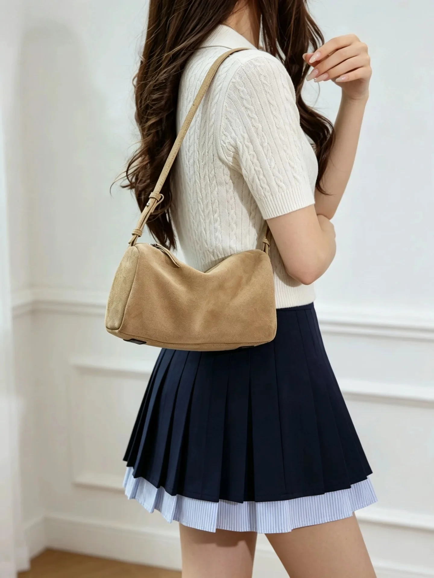 Genuine Frosted Suede Cowhide Underarm Bag Women Vintage Soft Shoulder Crossbody Bag Casual Daily Small Handbag