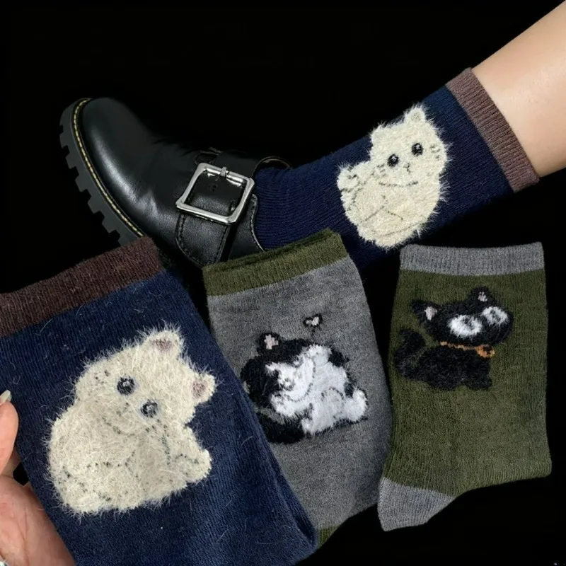

1/5 пар носков с 3D мультяшным котом, женские носки до середины икры в стиле Харадзюку с милым рисунком котенка, мягкие дышащие носки для экипажа, новинка, зимние носки с животными