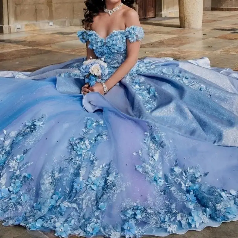 

Mexican Luxury Sky Blue Prom Dresses V Neck 3D Floral Corset Ball Gown Vestido De xv Anos Sweet 15 16 Quinceanera Party Wear