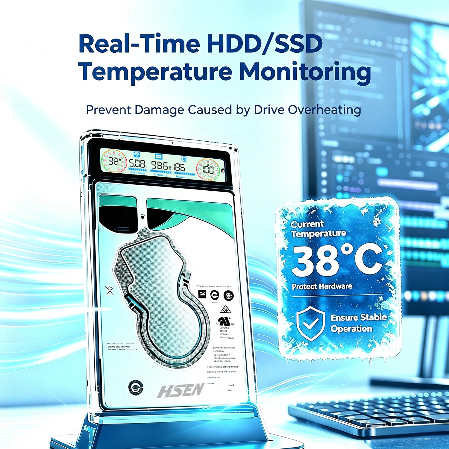 USB3.2 2,5'' SATA HDD SSD-Gehäuse, Transparentes Tragbares Externes Festplattengehäuse mit Smart-Display zur Echtzeit-Datenüberwachung – Detail 4