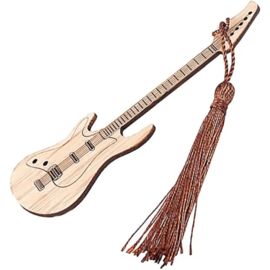 

Natural Bamboo Guitar Shaped Bookmark with Tassel - Chinese Style Vintage Bookmarks for Readers, Teachers, Students, DIY Projec