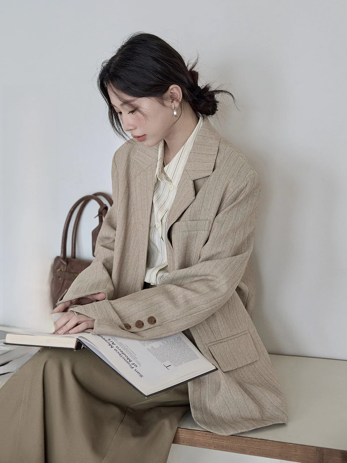 

Khaki Striped Suit Jaet Women's Loose Vintage Sle Asymmetric Hemline Long Sve Busin Casual Outerwear Coat