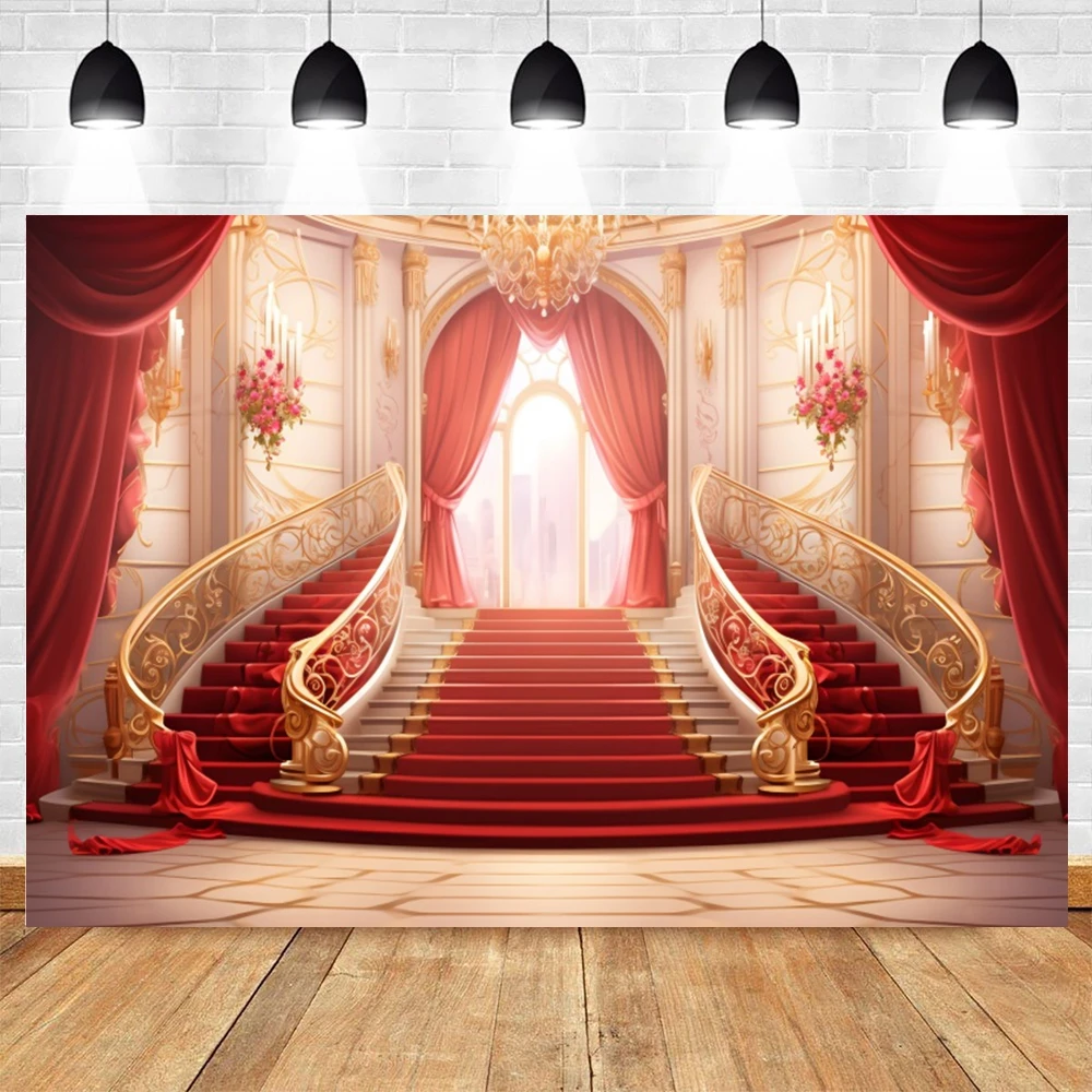 Toile de fond de palais luxueux pour la photographie, tapis rouge, escaliers en spirale, rétro, intérieur du palais, portrait adulte, arrière-plan photo de mariage