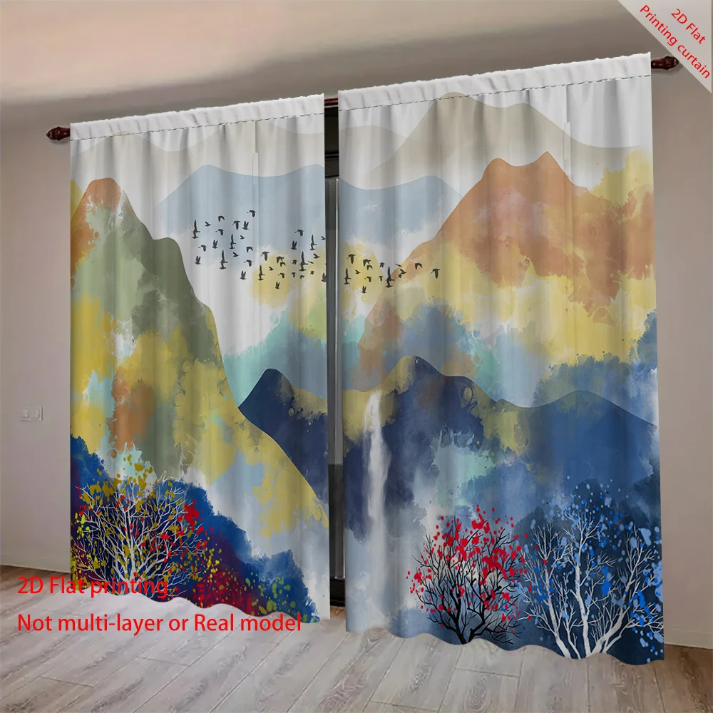 Landscape watercolor printed curtains, home decoration blackout curtains, suitable for dormitories, offices, bedrooms, balconies