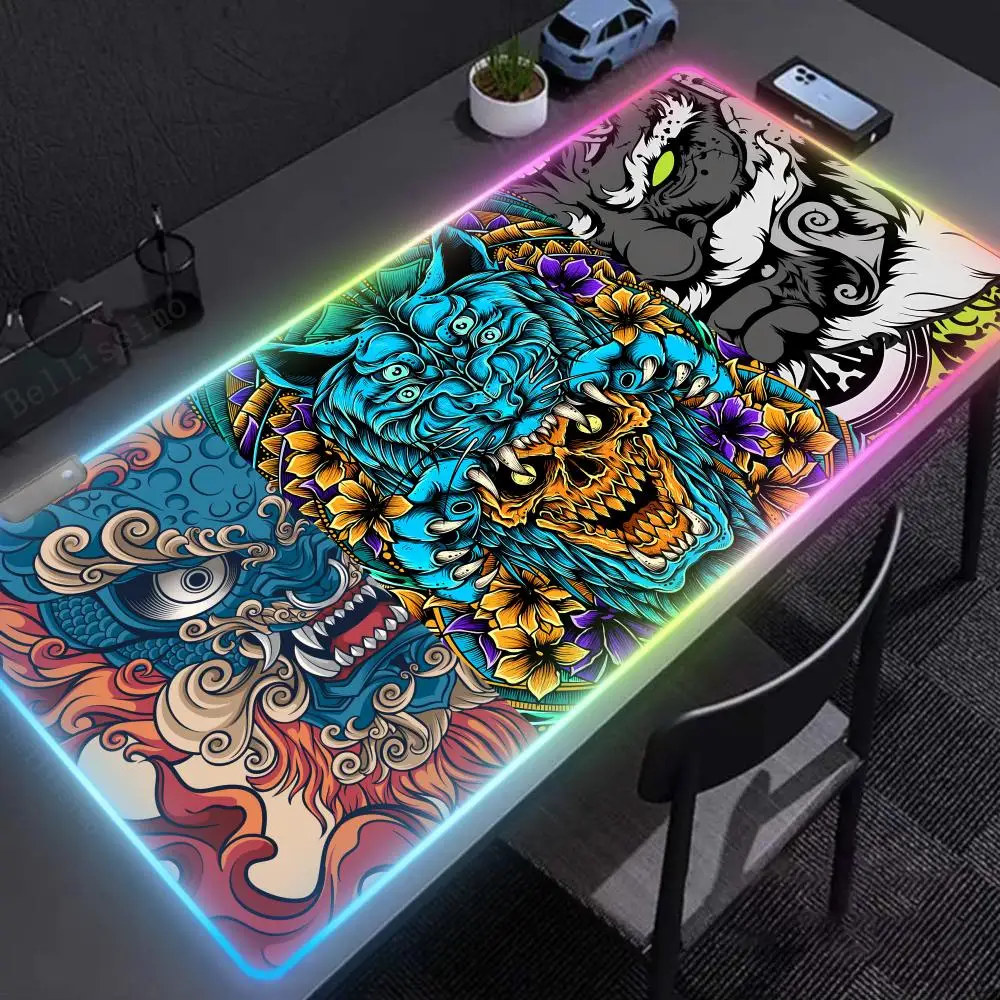 

LED desktop pad with backlight home desk luminous large mouse pad Japanese samurai RGB 1000x500 mouse pad anime cool ghost mask