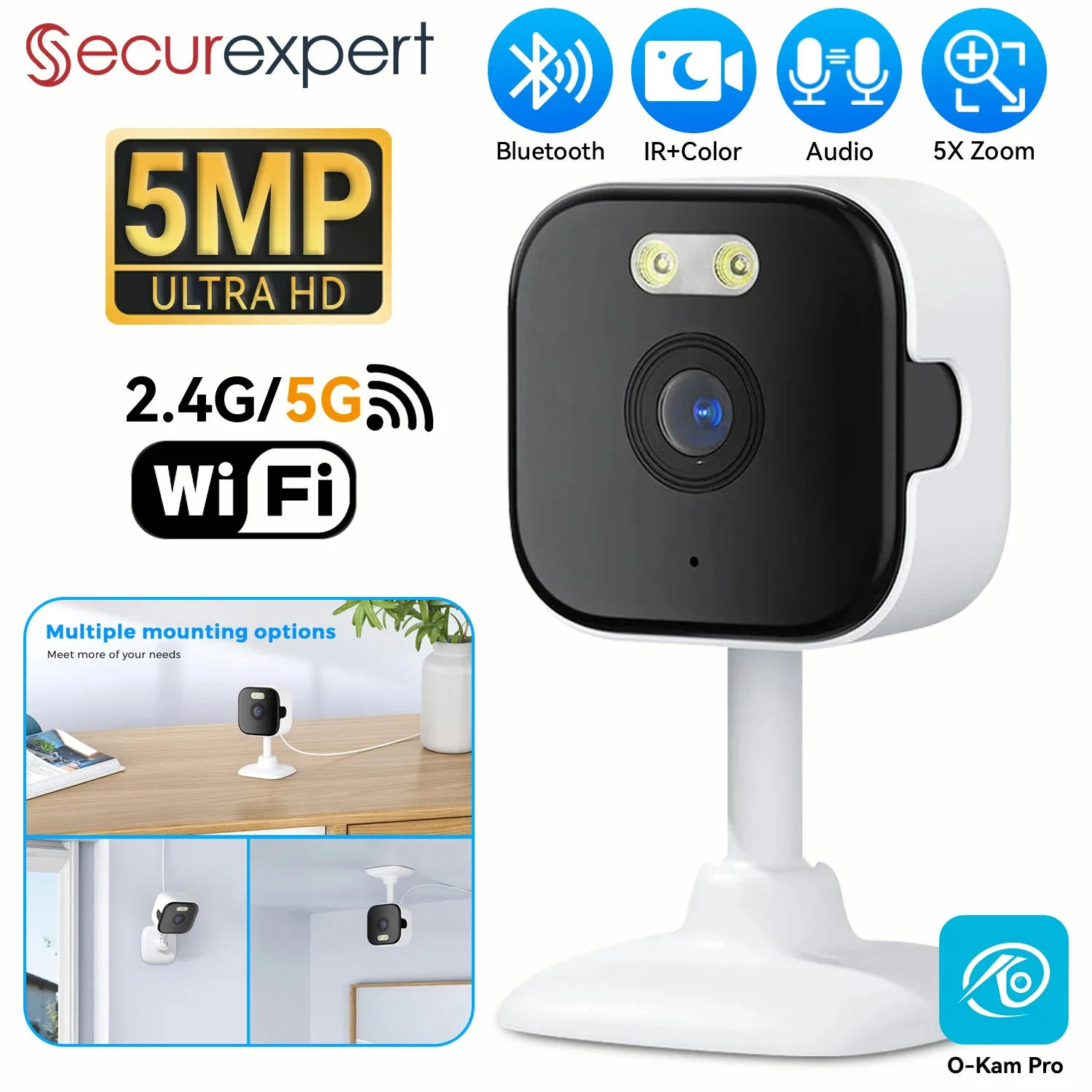 Securexpert 5MP HD Mini Cube Camera 2.4G/5G WiFi Indoor Two Way Audio Human Detection 5X Zoom CCTV Security IP Camera For Home
