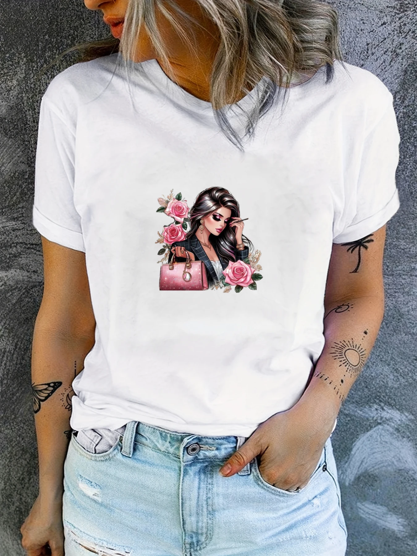 Rose Flower Printed T-shirt Women's Comfortable Round Neck Plus Size Daily Clothing Retro Modern Loose and Simple Top