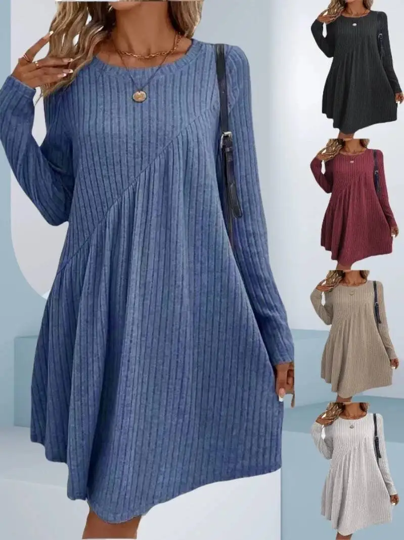 

2026 Autumn/Winter Bohemian Irregular Brushed Ribbed Solid Color Dress For Women