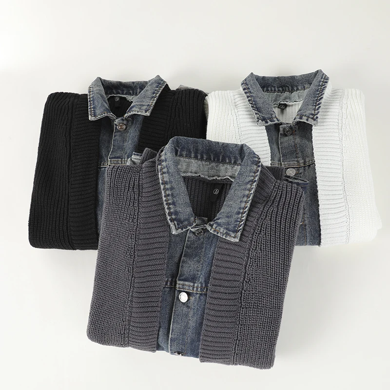 Conjunto de suéter cárdigan de punto informal para hombre, ropa de abrigo a la moda para primavera y otoño, suéter vaquero falso de dos piezas con diseño y2k