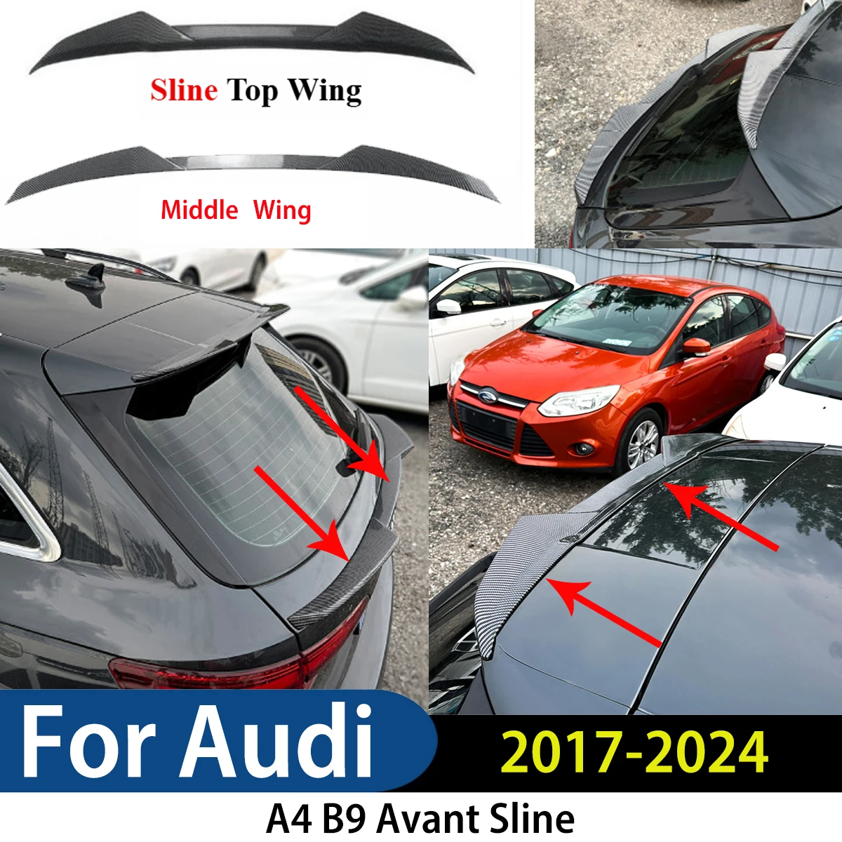 

For Audi A4 B9 Avant Sline 2017-2024 Car Rear Trunk Roof Middle/Top Wing Tail Splitter Spoiler Duckbill Lip Trim Body Kit Tuning