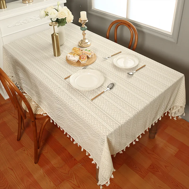 Pastoral Style Lace Beige Tablecloth Cotton and Linen Table Cloth Hollow-Out Household Non-Slip Tablecloths Decor Home
