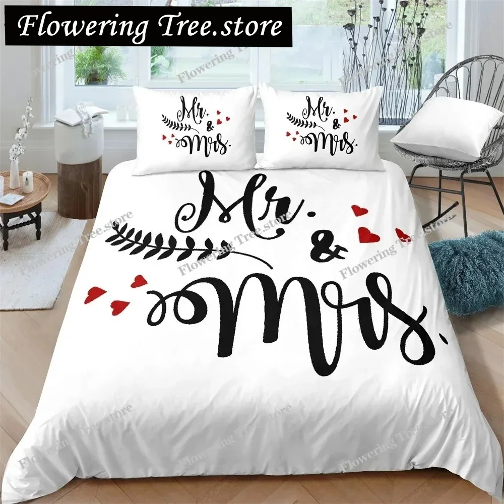 Mr and Mrs Duvet Cover Set Queen King Size Red Lips Couple Romantic Theme Comforter Cover for Lover Microfiber Bedding Set